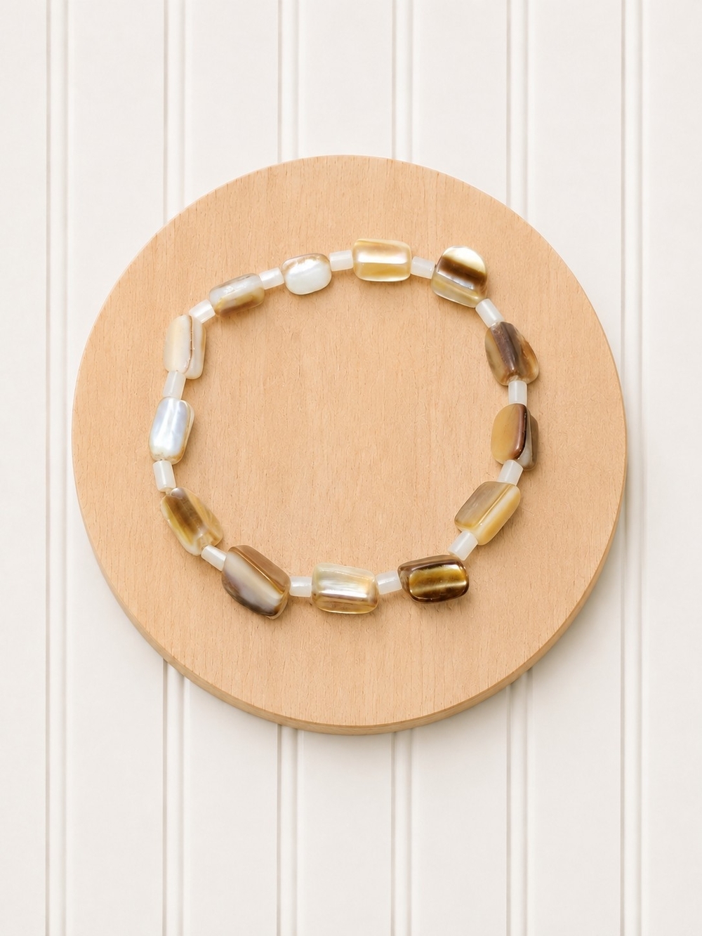 Neutral Toned Mother Of Pearl Beaded Stretch Bracelet - Brown and Cream